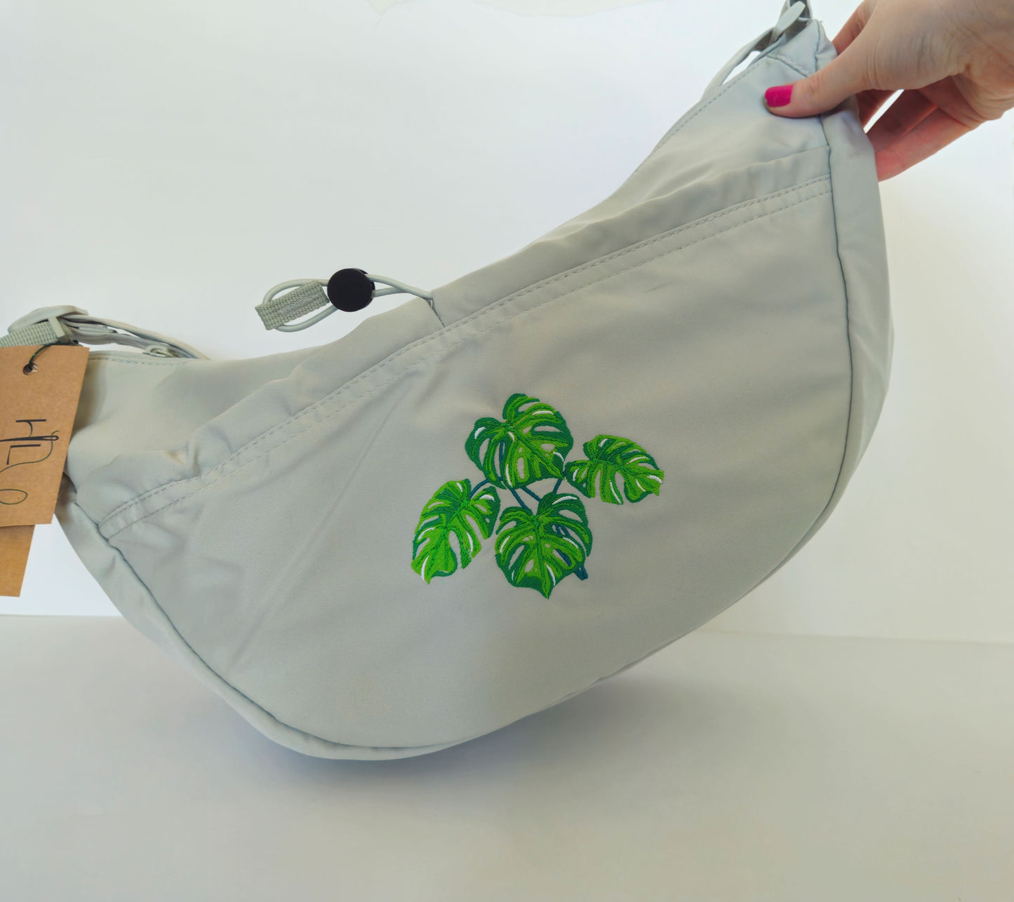 Sage Green Cross-Body Bag | Recycled Polyester Eco Conscious | Variegated Monstera Leaf Embroidery | 12L Capacity | Water repellent