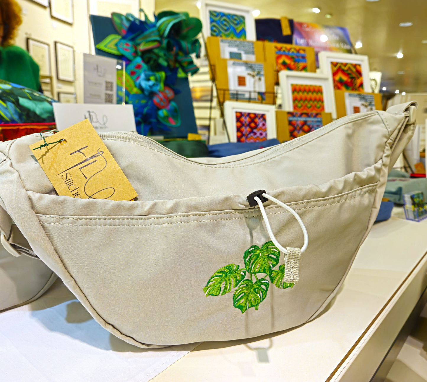 Sage Green Cross-Body Bag | Recycled Polyester Eco Conscious | Variegated Monstera Leaf Embroidery | 12L Capacity | Water repellent
