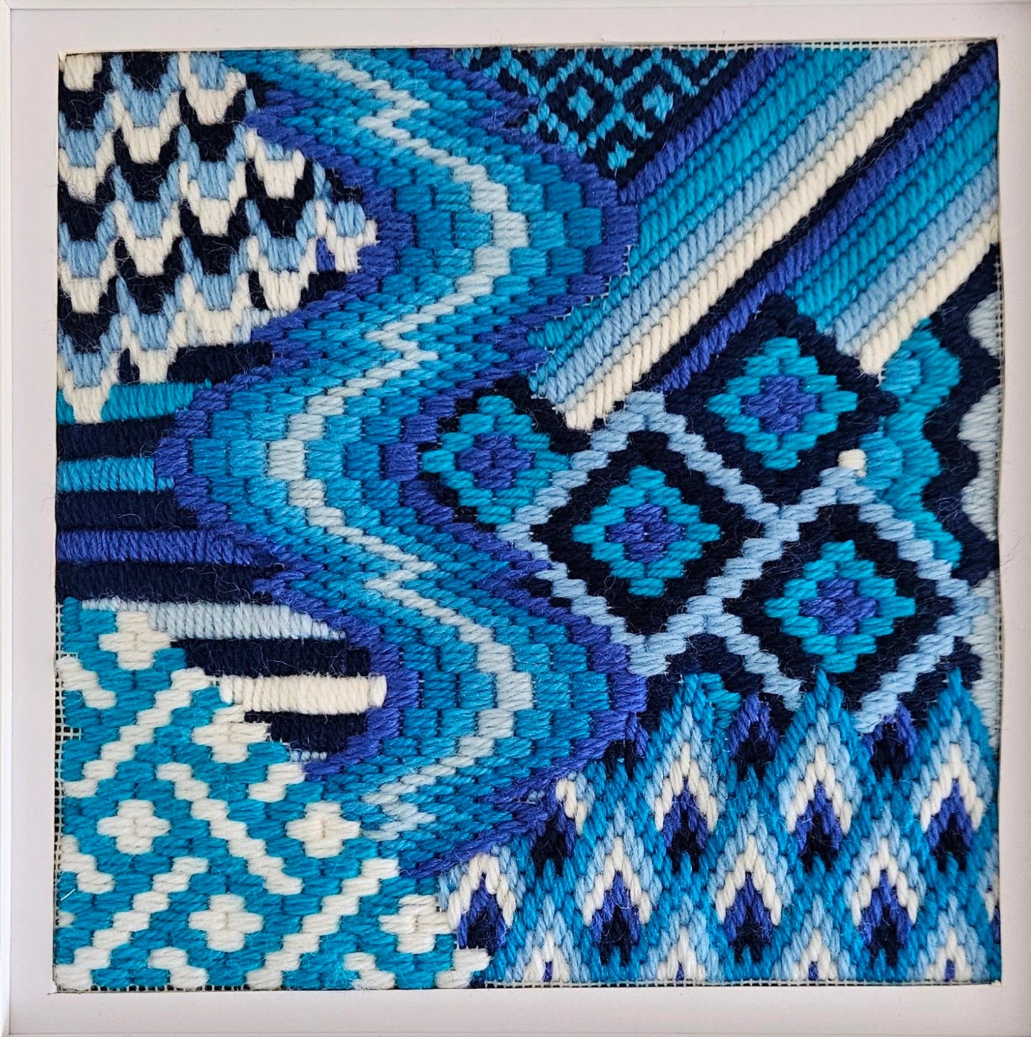 Colourflo Bargello Needlepoint Kit | 7x7 inch | Tapestry | advanced | DIY craft | mindful | Blue and white | hand sewing | canvas embroidery