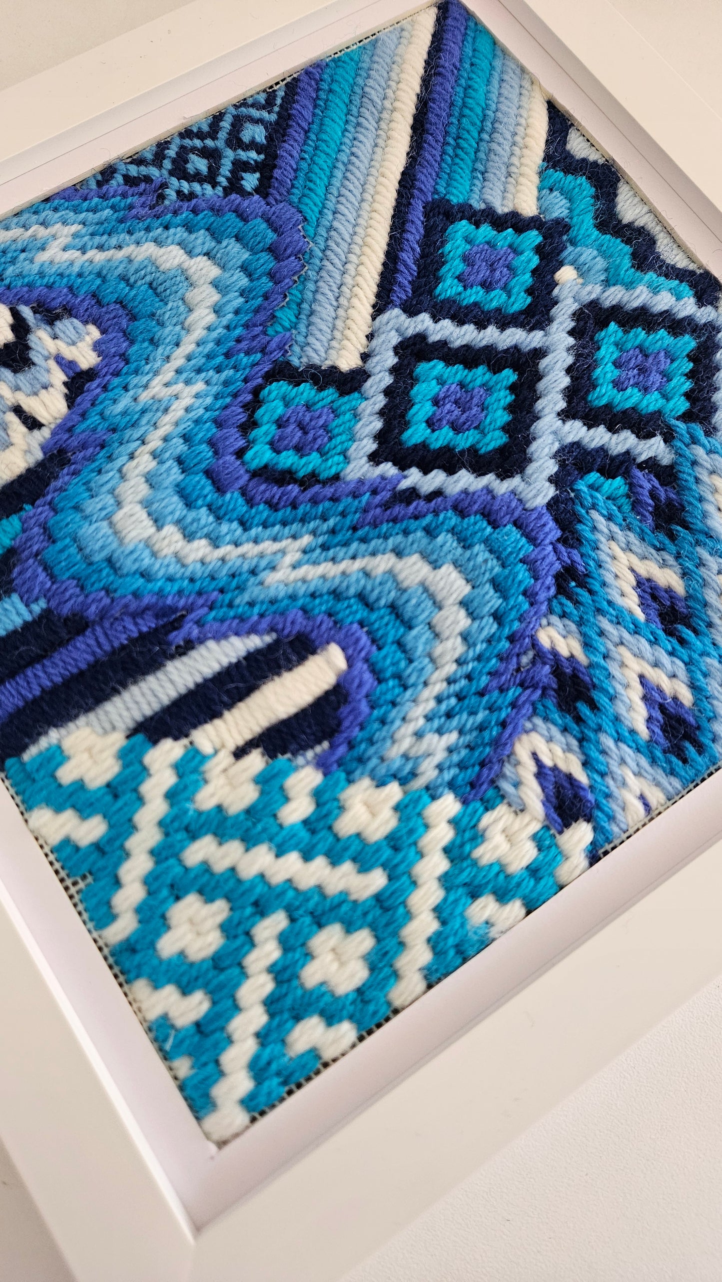 Colourflo Bargello Needlepoint Kit | 7x7 inch | Tapestry | advanced | DIY craft | mindful | Blue and white | hand sewing | canvas embroidery