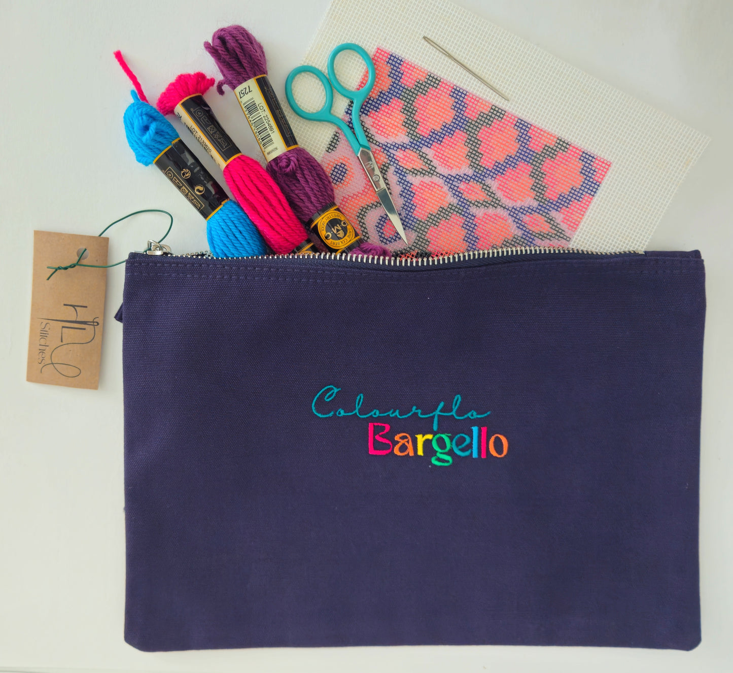 Colourflo Bargello Organic Cotton Travel Pouch – Embroidered Kit Case in French Navy (20x28cm)