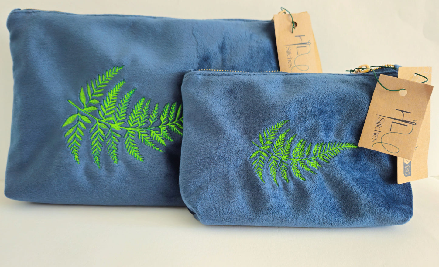 Luxurious Velvet Pouch with Fern Embroidery – Sustainable Gift or Travel Accessory in Petrol Blue (Two Sizes)