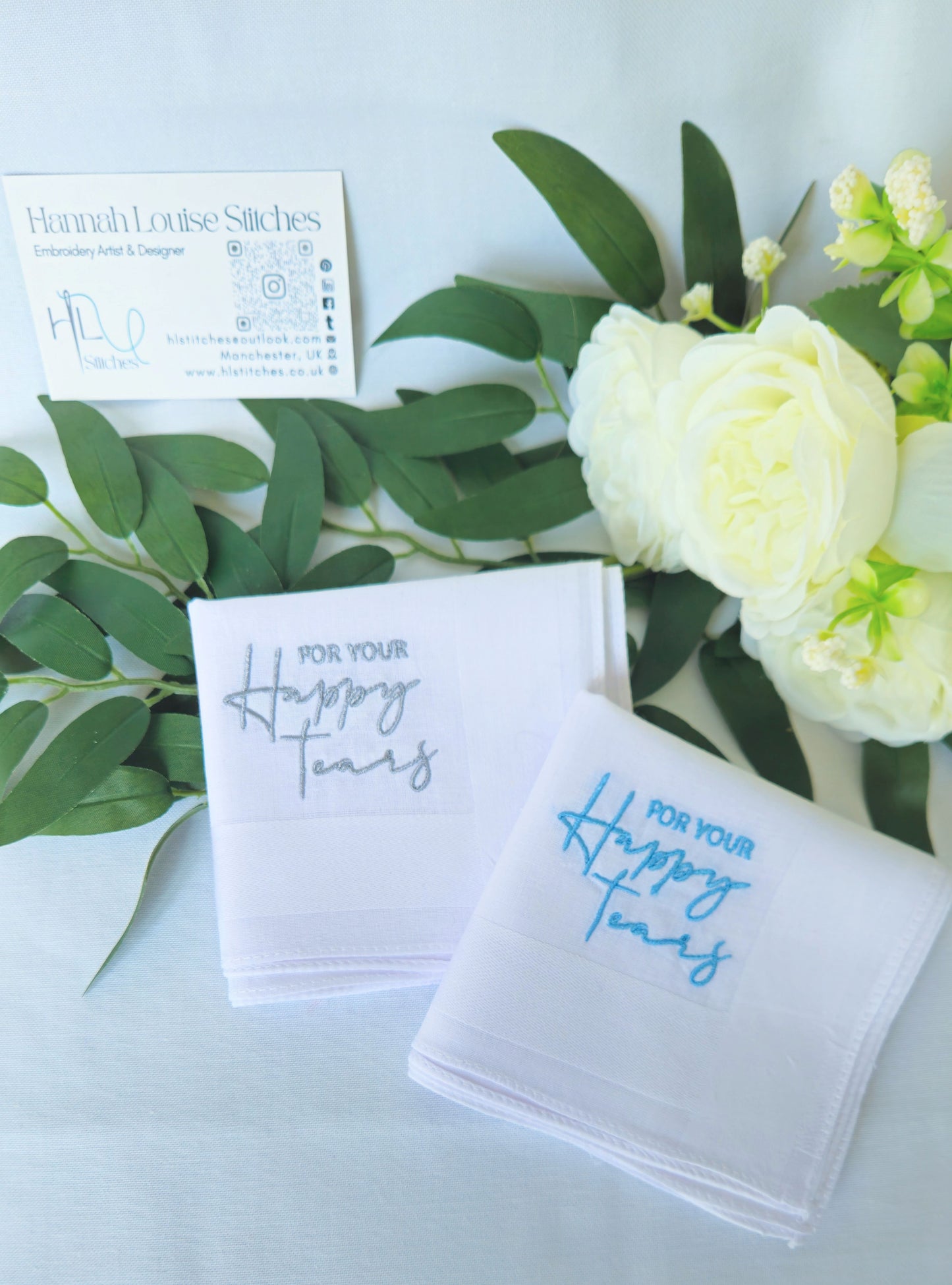 'For Your Happy Tears' Embroidered White 100% Cotton Handkerchief pocket square | for Weddings, Civil Partnerships, Christenings, Graduations, Baby Showers emotional ceremonies, care packages
