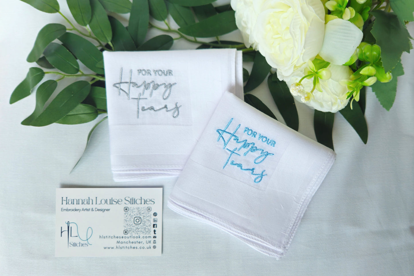 'For Your Happy Tears' Embroidered White 100% Cotton Handkerchief pocket square | for Weddings, Civil Partnerships, Christenings, Graduations, Baby Showers emotional ceremonies, care packages