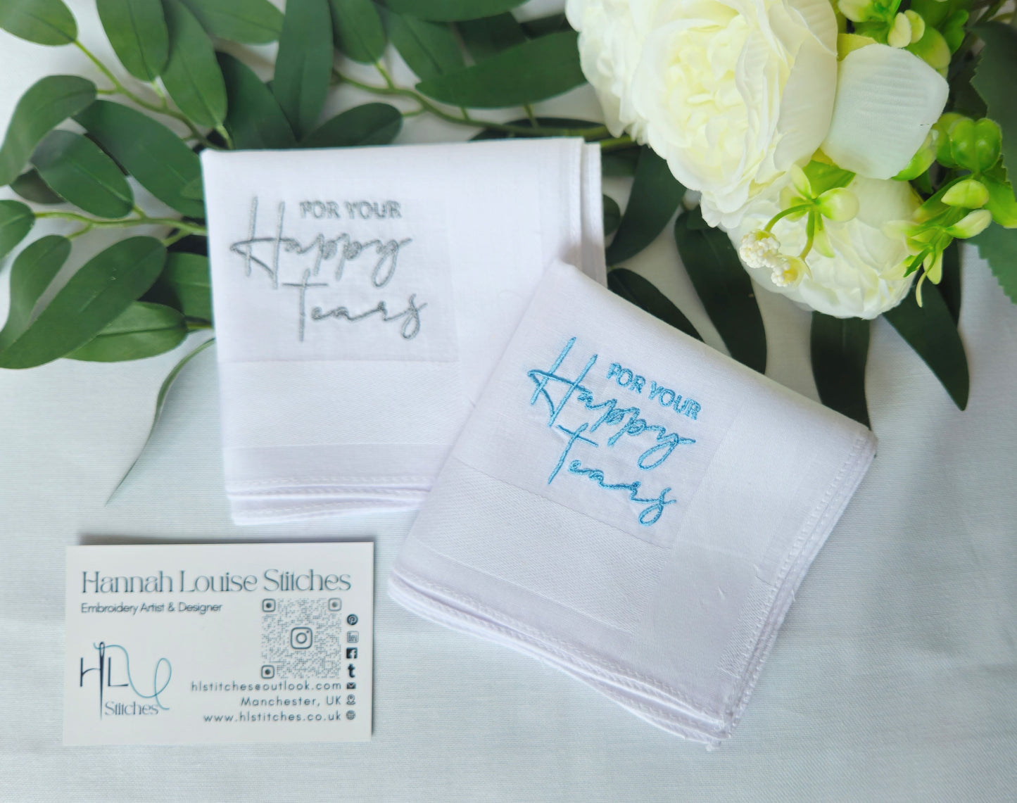 'For Your Happy Tears' Embroidered White 100% Cotton Handkerchief pocket square | for Weddings, Civil Partnerships, Christenings, Graduations, Baby Showers emotional ceremonies, care packages