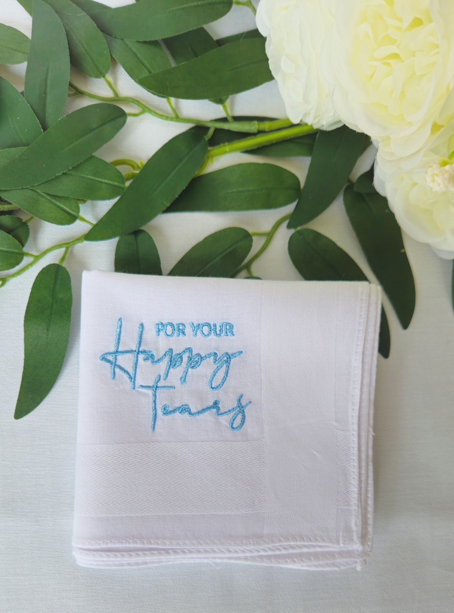 'For Your Happy Tears' Embroidered White 100% Cotton Handkerchief pocket square | for Weddings, Civil Partnerships, Christenings, Graduations, Baby Showers emotional ceremonies, care packages