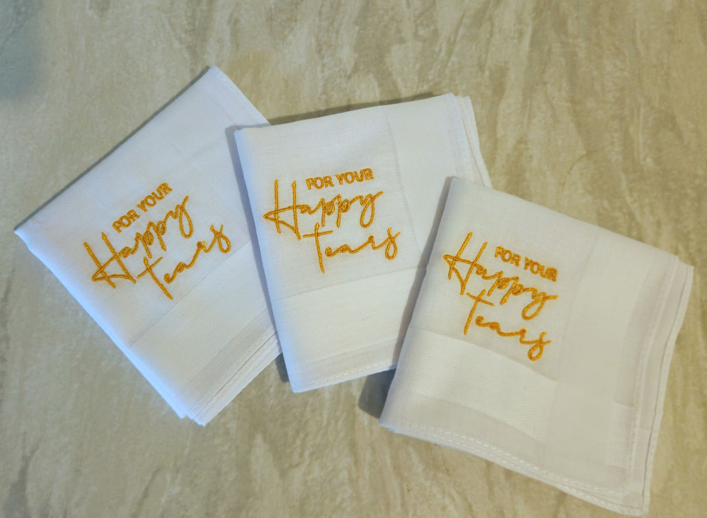 'For Your Happy Tears' Embroidered White 100% Cotton Handkerchief pocket square | for Weddings, Civil Partnerships, Christenings, Graduations, Baby Showers emotional ceremonies, care packages