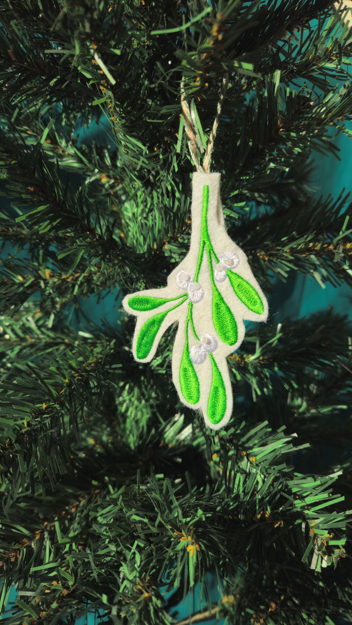 Embroidered Mistletoe Decoration – Handmade Christmas Ornament with Bead Detail