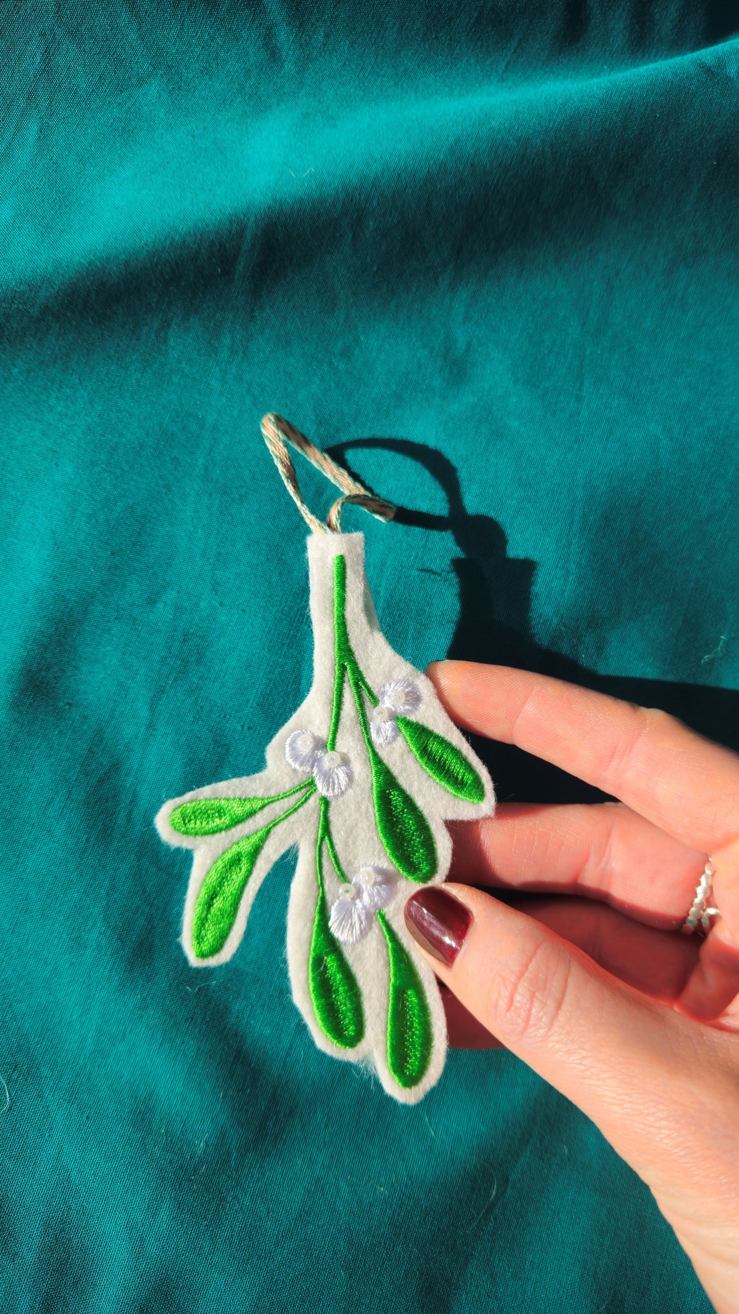 Embroidered Mistletoe Decoration – Handmade Christmas Ornament with Bead Detail