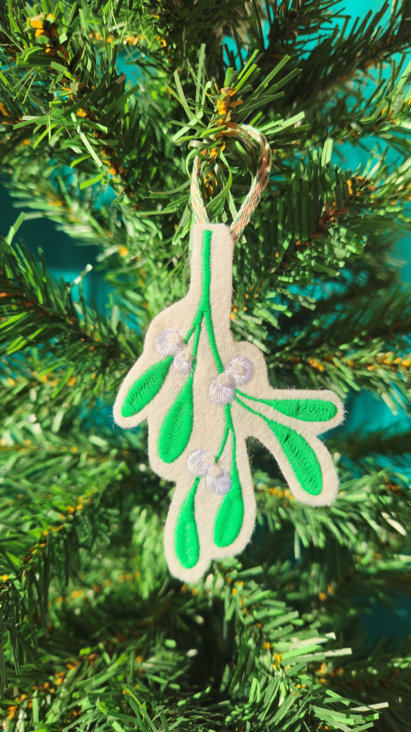 Embroidered Mistletoe Decoration – Handmade Christmas Ornament with Bead Detail