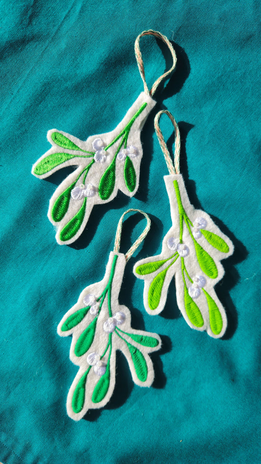 Embroidered Mistletoe Decoration – Handmade Christmas Ornament with Bead Detail