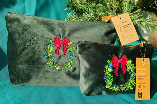 Luxurious Velvet Pouch with Christmas wreath embroidery (Two Sizes)