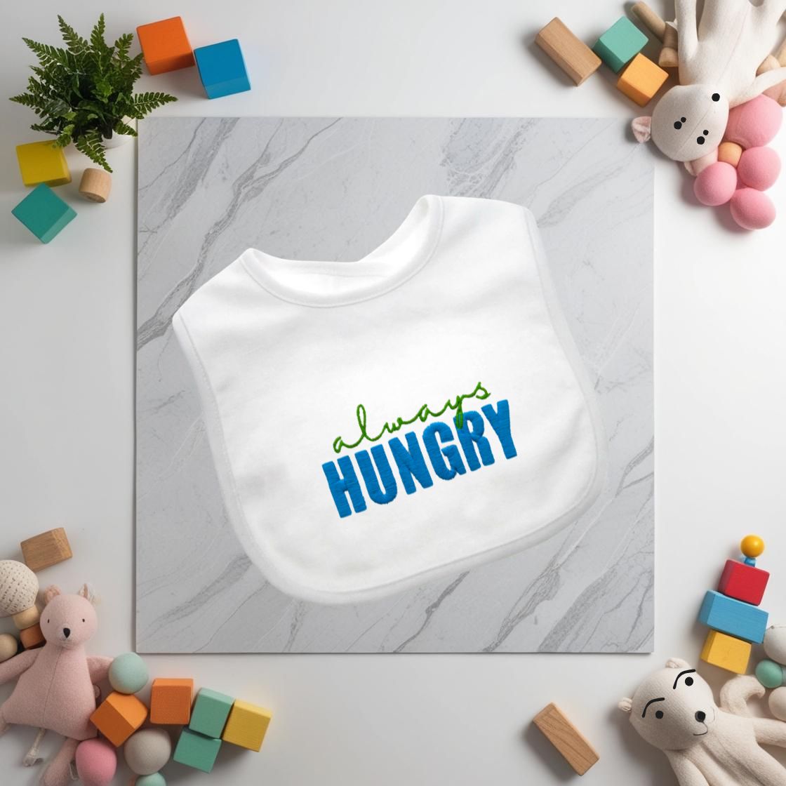always HUNGRY Embroidered Baby Grow and/or Bib | Organic Cotton | New Baby Gift | Gender Neutral | Short Sleeve | white with rainbow text | Onsie
