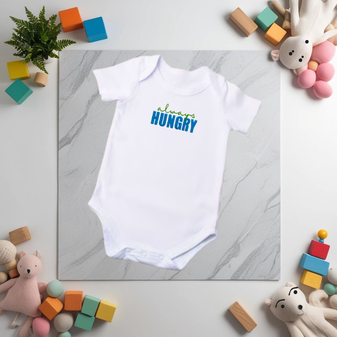 always HUNGRY Embroidered Baby Grow and/or Bib | Organic Cotton | New Baby Gift | Gender Neutral | Short Sleeve | white with rainbow text | Onsie