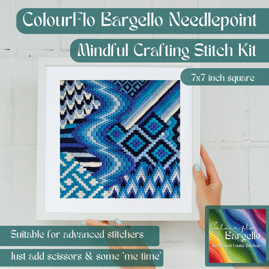 Colourflo Bargello Needlepoint Kit | 7x7 inch | Tapestry | advanced | DIY craft | mindful | Blue and white | hand sewing | canvas embroidery