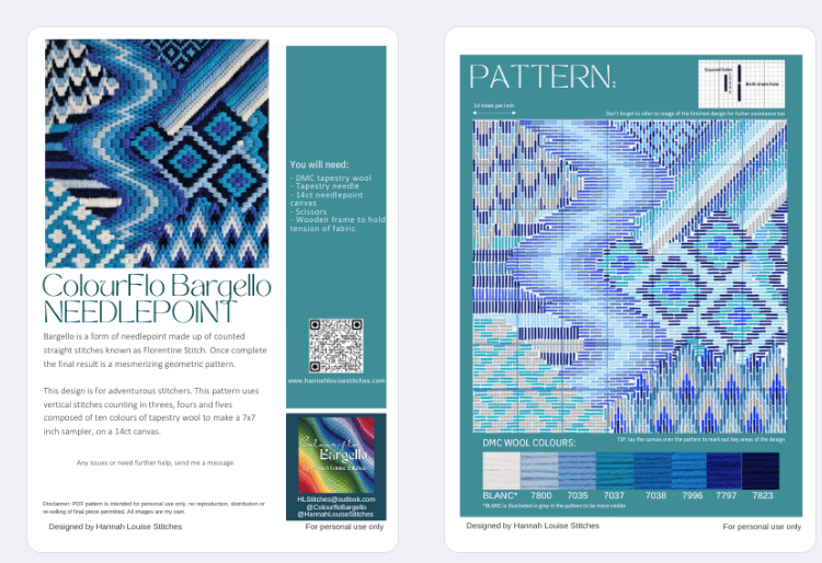 Colourflo Bargello Needlepoint PDF Instant Pattern Download | counted chart | canvas embroidery | Blue and White | Advanced Stitchers