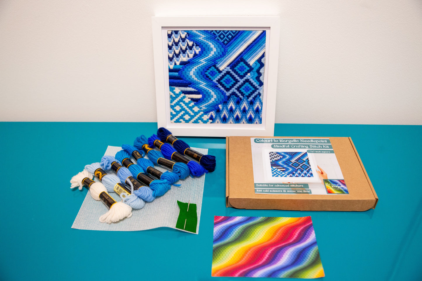 Colourflo Bargello Needlepoint Kit | 7x7 inch | Tapestry | advanced | DIY craft | mindful | Blue and white | hand sewing | canvas embroidery
