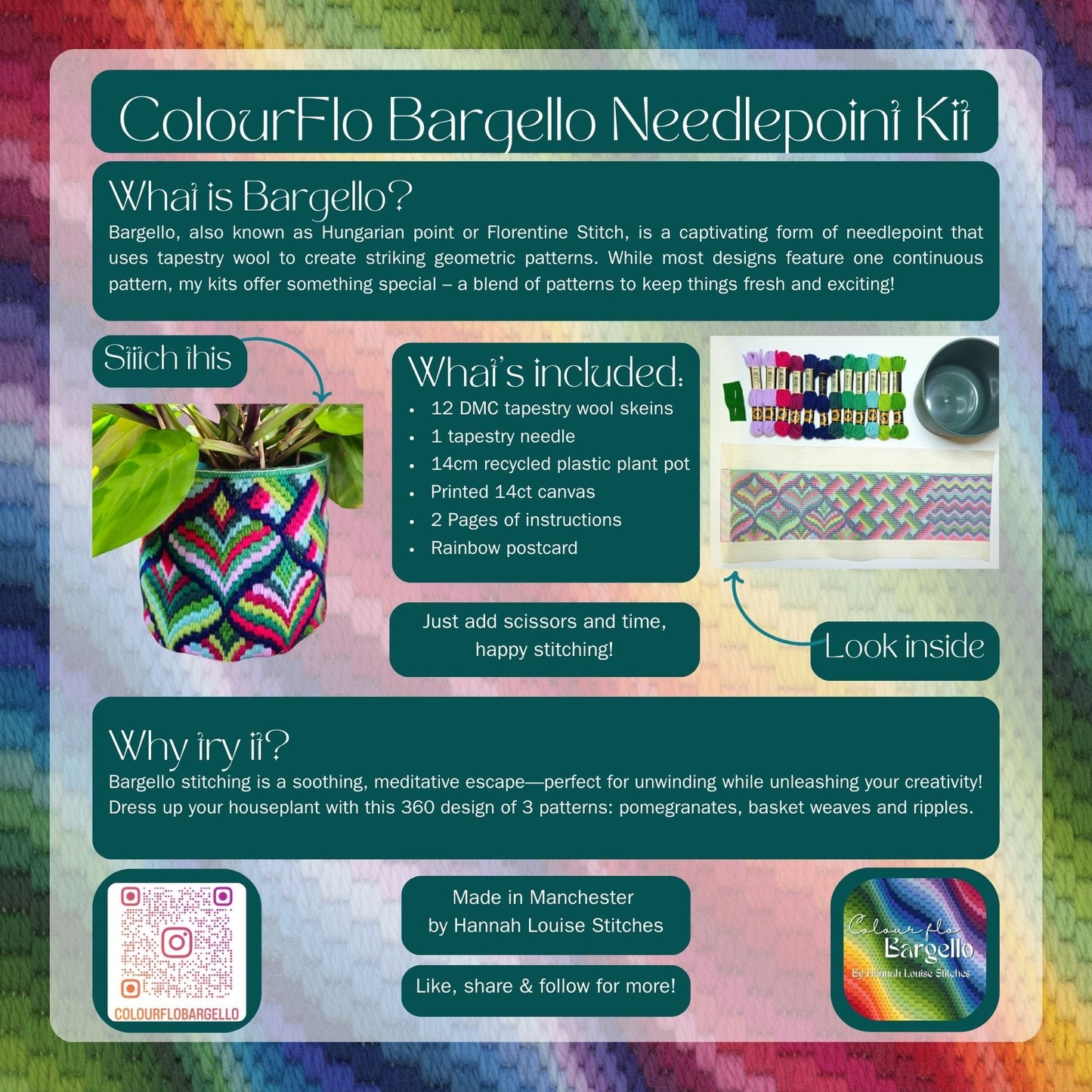 Large Plant Pot Stitch Kit by Colourflo Bargello | Needlepoint Kit | Printed Tapestry kit | DIY craft | hand sewing | canvas embroidery