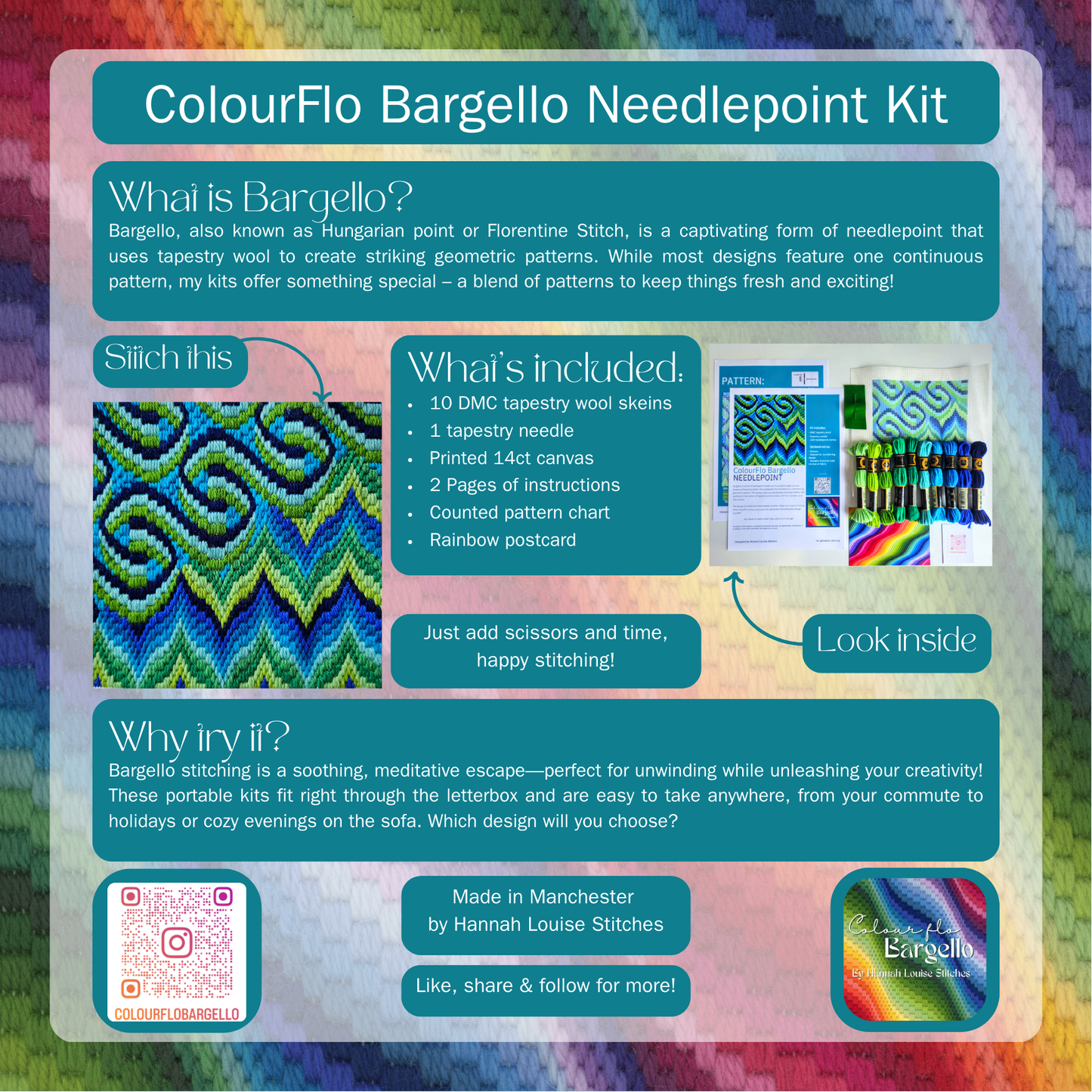 Bargello Needlepoint Kit | Tapestry | Printed canvas DIY craft | mindful | hand sewing | canvas embroidery | 7x7 inch | Beginner friendly
