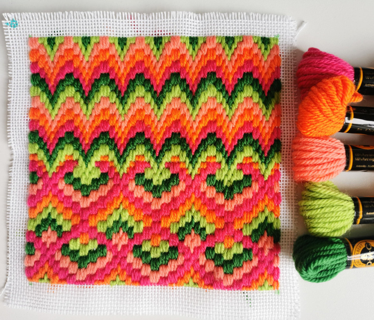 Colourflo Bargello Needlepoint Kit | 6x6 inch | Tapestry | beginner | DIY craft | mindful | pink and green | hand sewing | canvas embroidery
