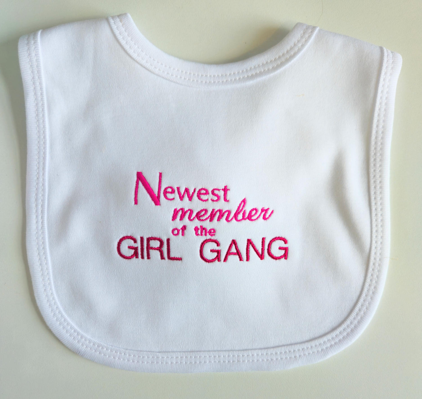 Newest member of the Girl Gang Bib - Pink Text on White 100% Cotton | Baby Shower Gift for Girls | Newborn | Baby Girl Accessories