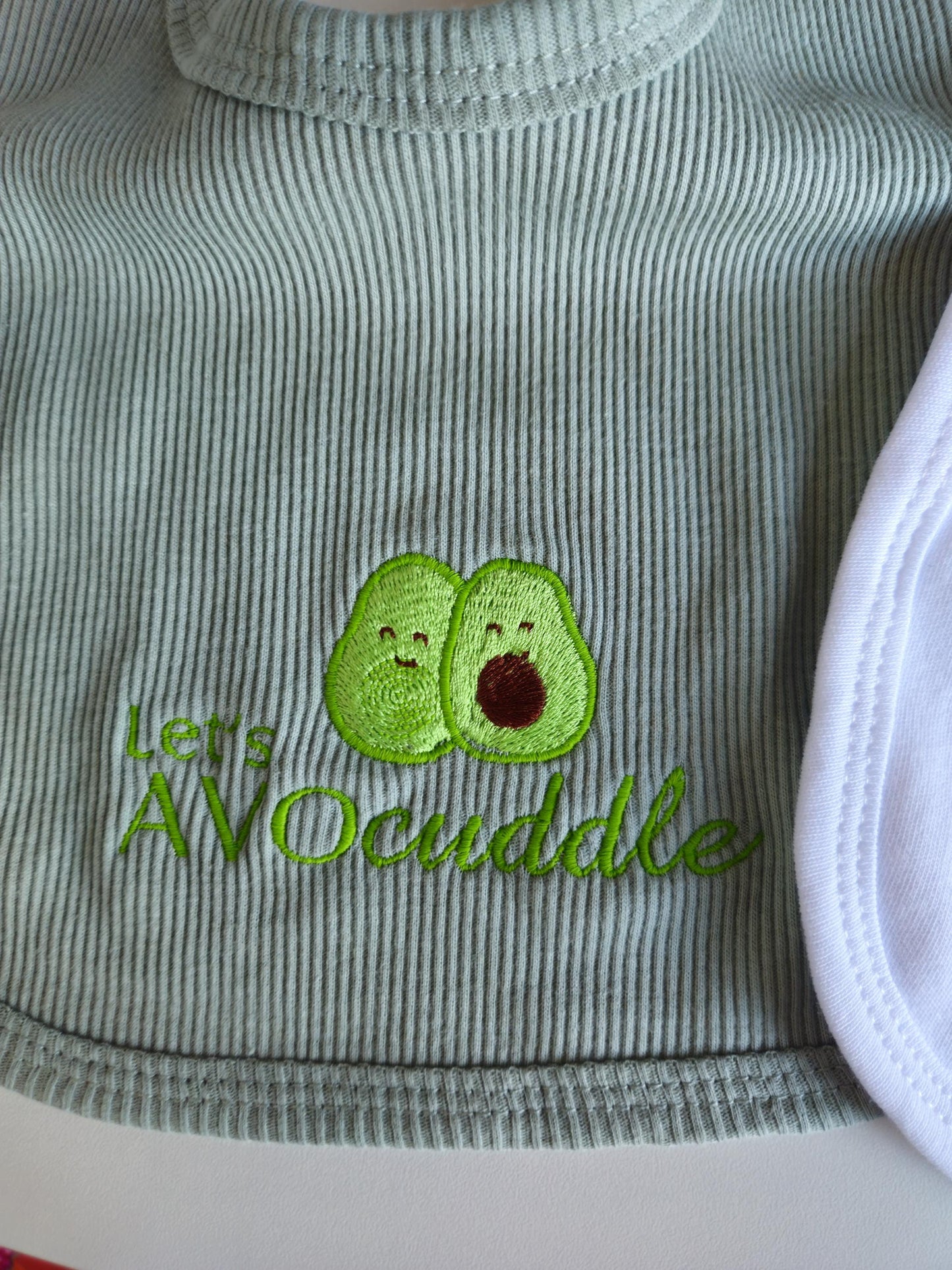Set of 2 Cotton Baby Bibs - 'Let's AVOcuddle' and 'Little Sprout' Embroidery | Green & White | Baby Shower Gift | Newborn | Gender Neutral