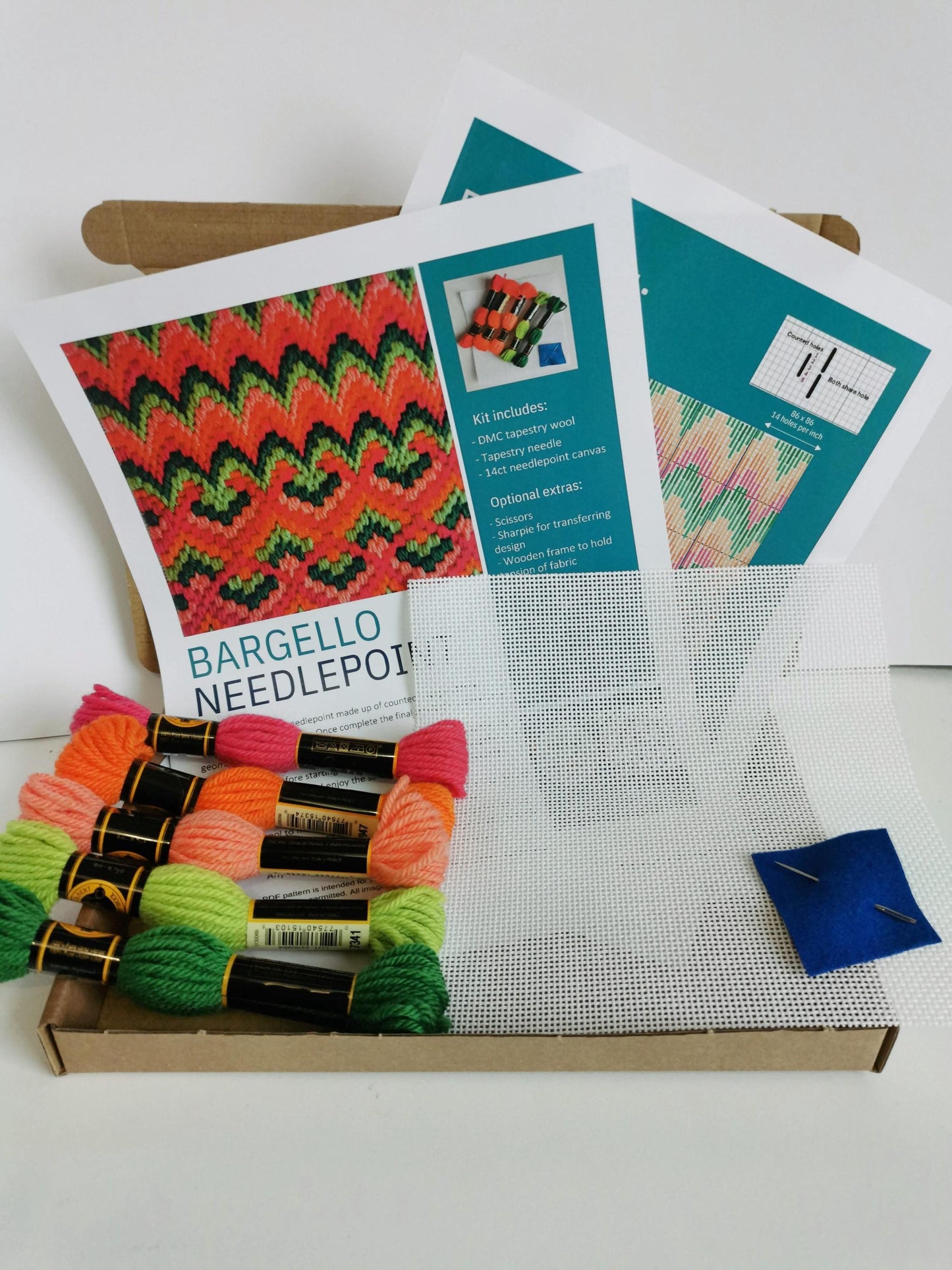 Colourflo Bargello Needlepoint Kit | 6x6 inch | Tapestry | beginner | DIY craft | mindful | pink and green | hand sewing | canvas embroidery
