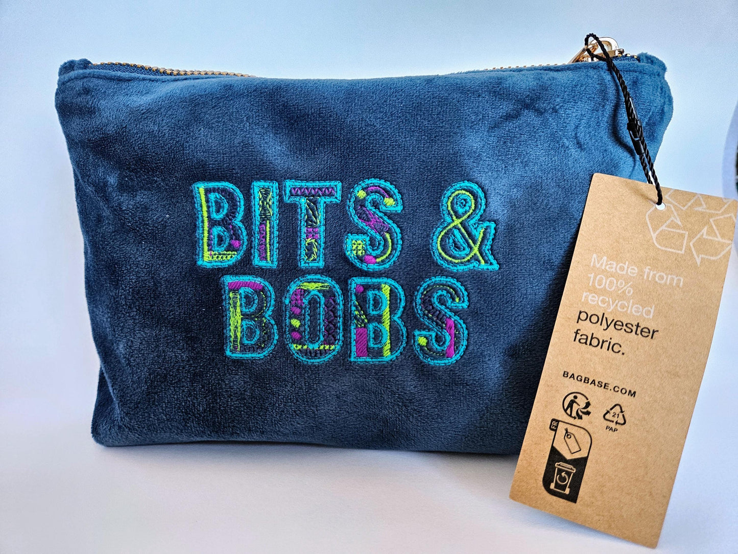 Eco-Friendly Velvet Makeup Bag Pouch | 'Bits and Bobs' Embroidered | Travel Case | Luxurious | Choice of blue, green or sage | Recycled