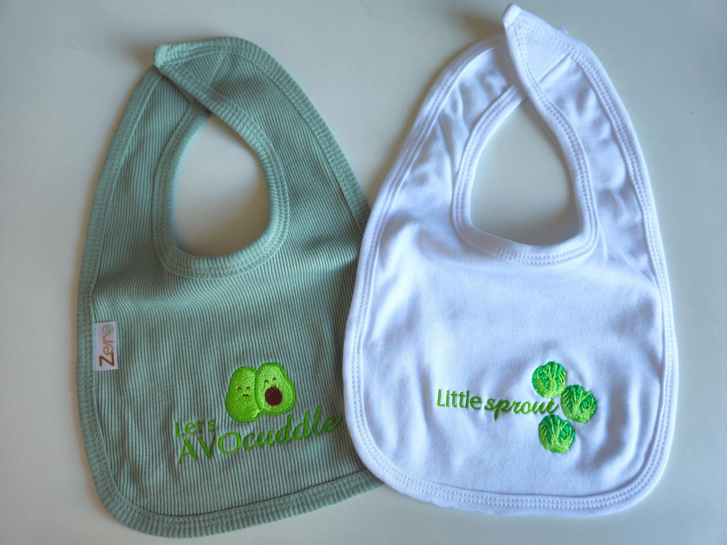 Set of 2 Cotton Baby Bibs - 'Let's AVOcuddle' and 'Little Sprout' Embroidery | Green & White | Baby Shower Gift | Newborn | Gender Neutral