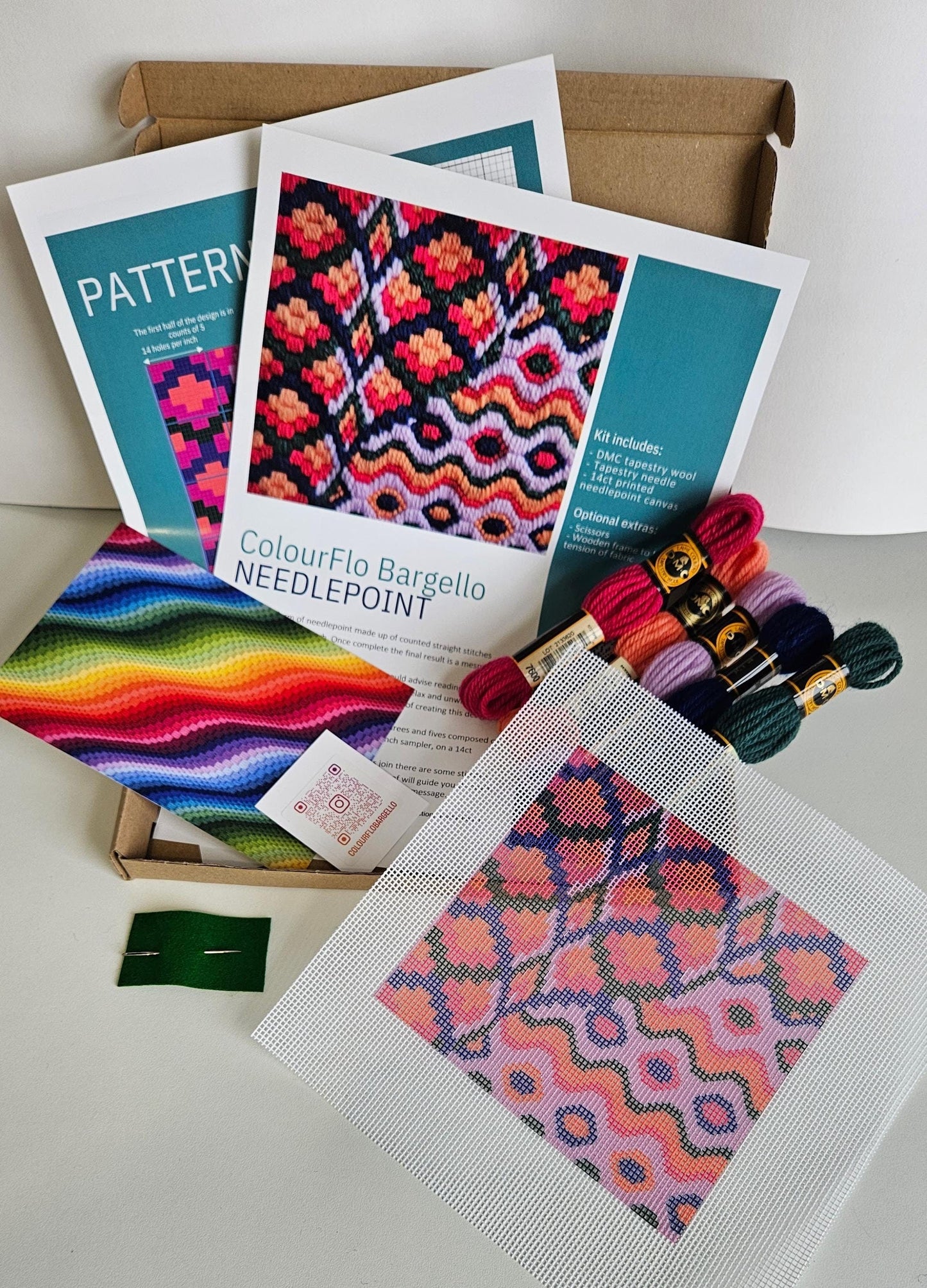 Colourflo Bargello Needlepoint Kit | Printed Tapestry kit | beginner | DIY craft | Midnight Petal | hand sewing | canvas embroidery