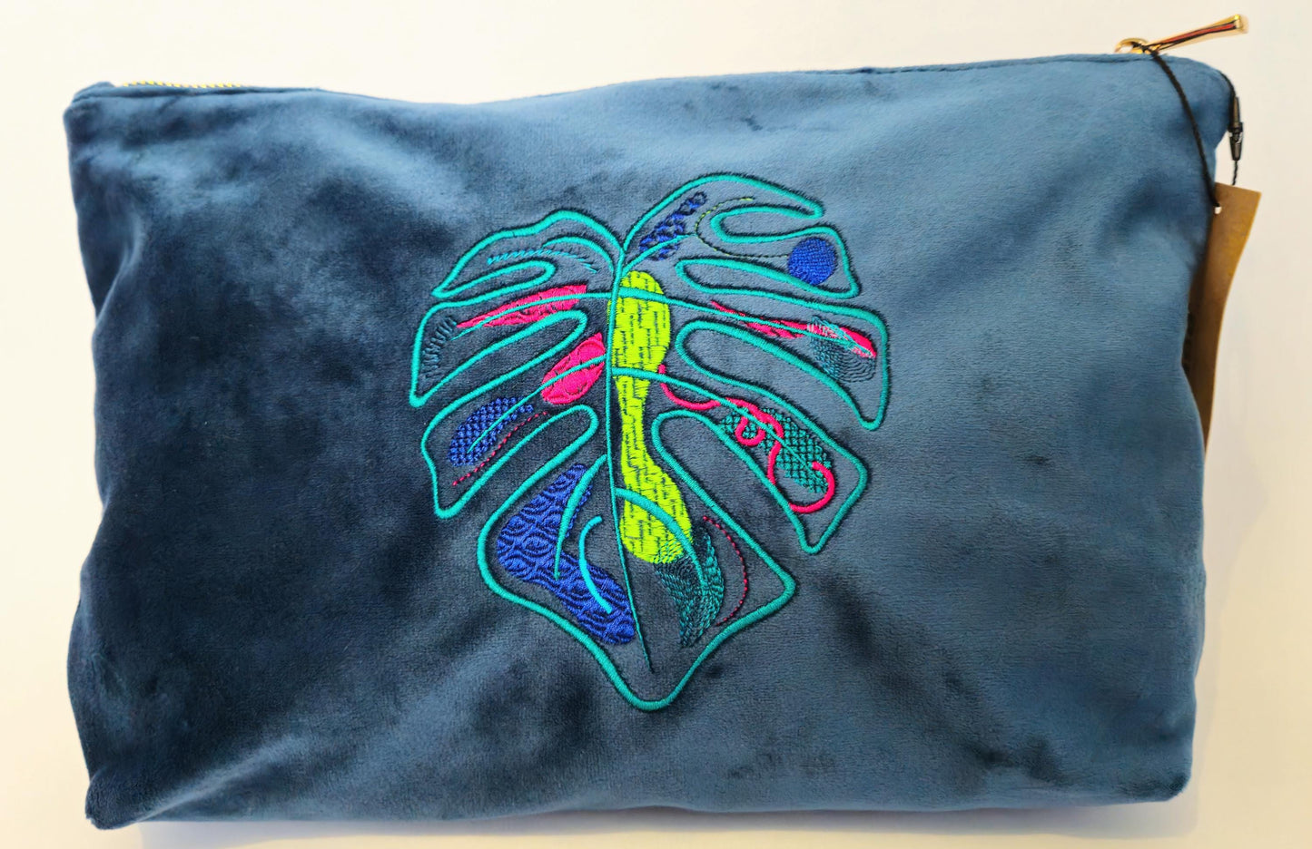 Luxurious Velvet Pouch with Monstera Leaf Embroidery – Sustainable Gift or Travel Accessory in Petrol Blue (Two Sizes)