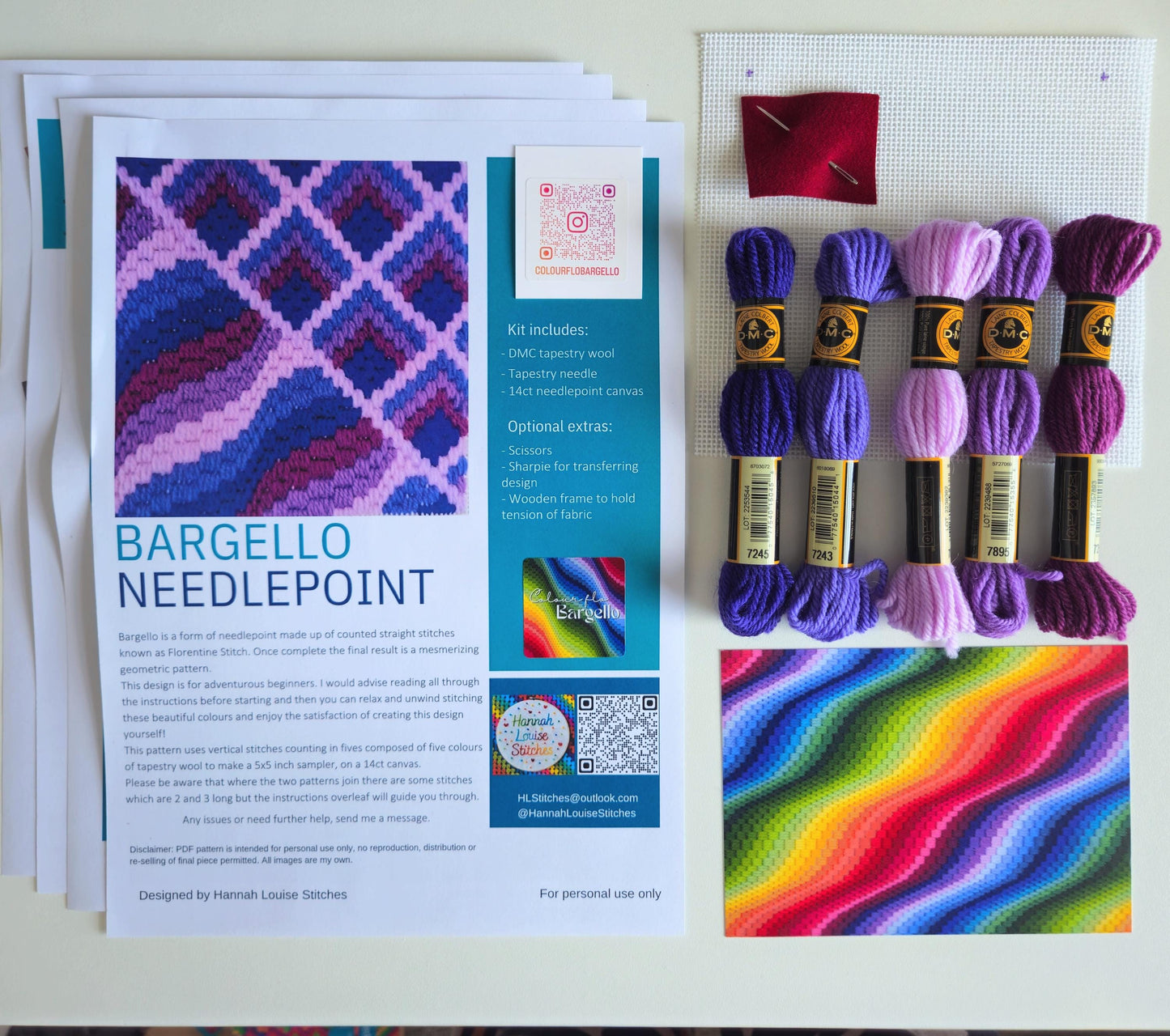 Colourflo Bargello Needlepoint Kit | 5x5 inch | Tapestry | beginner | DIY craft | mindful | purple | hand sewing | canvas embroidery