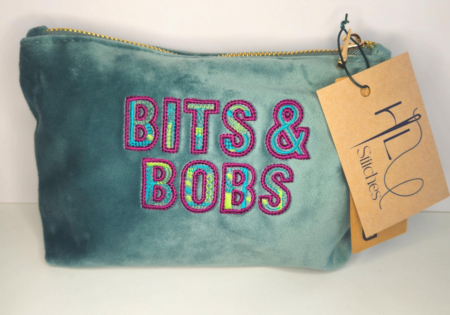 Eco-Friendly Velvet Makeup Bag Pouch | 'Bits and Bobs' Embroidered | Travel Case | Luxurious | Choice of blue, green or sage | Recycled