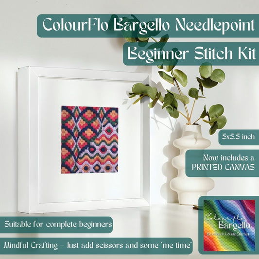 Colourflo Bargello Needlepoint Kit | Printed Tapestry kit | beginner | DIY craft | Midnight Petal | hand sewing | canvas embroidery
