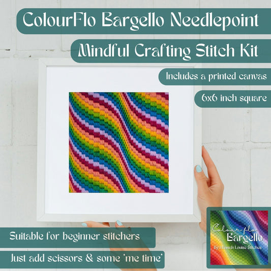 Colourflo Bargello Needlepoint Kit | 6x6 inch | Tapestry | Beginner | DIY craft | Rainbow | hand sewing | printed canvas embroidery