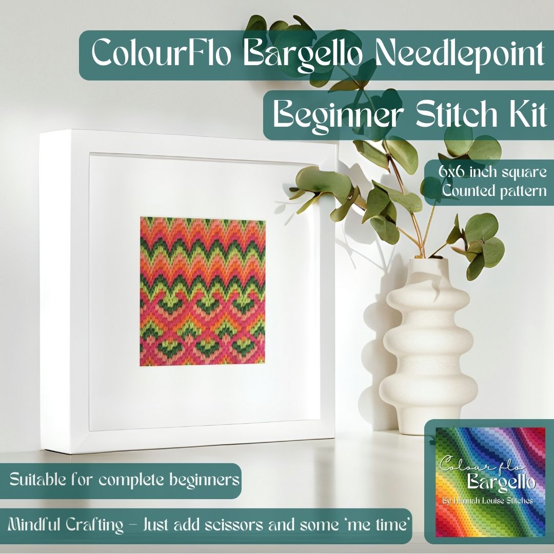 Colourflo Bargello Needlepoint Kit | 6x6 inch | Tapestry | beginner | DIY craft | mindful | pink and green | hand sewing | canvas embroidery
