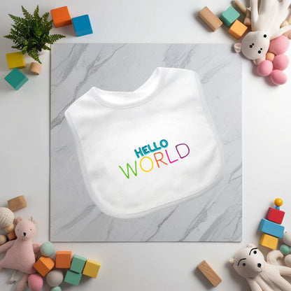 Hello WORLD Embroidered Baby Grow and/or Bib | Organic Cotton | New Baby Gift | Gender Neutral | Short Sleeve | white with rainbow text | Onsie