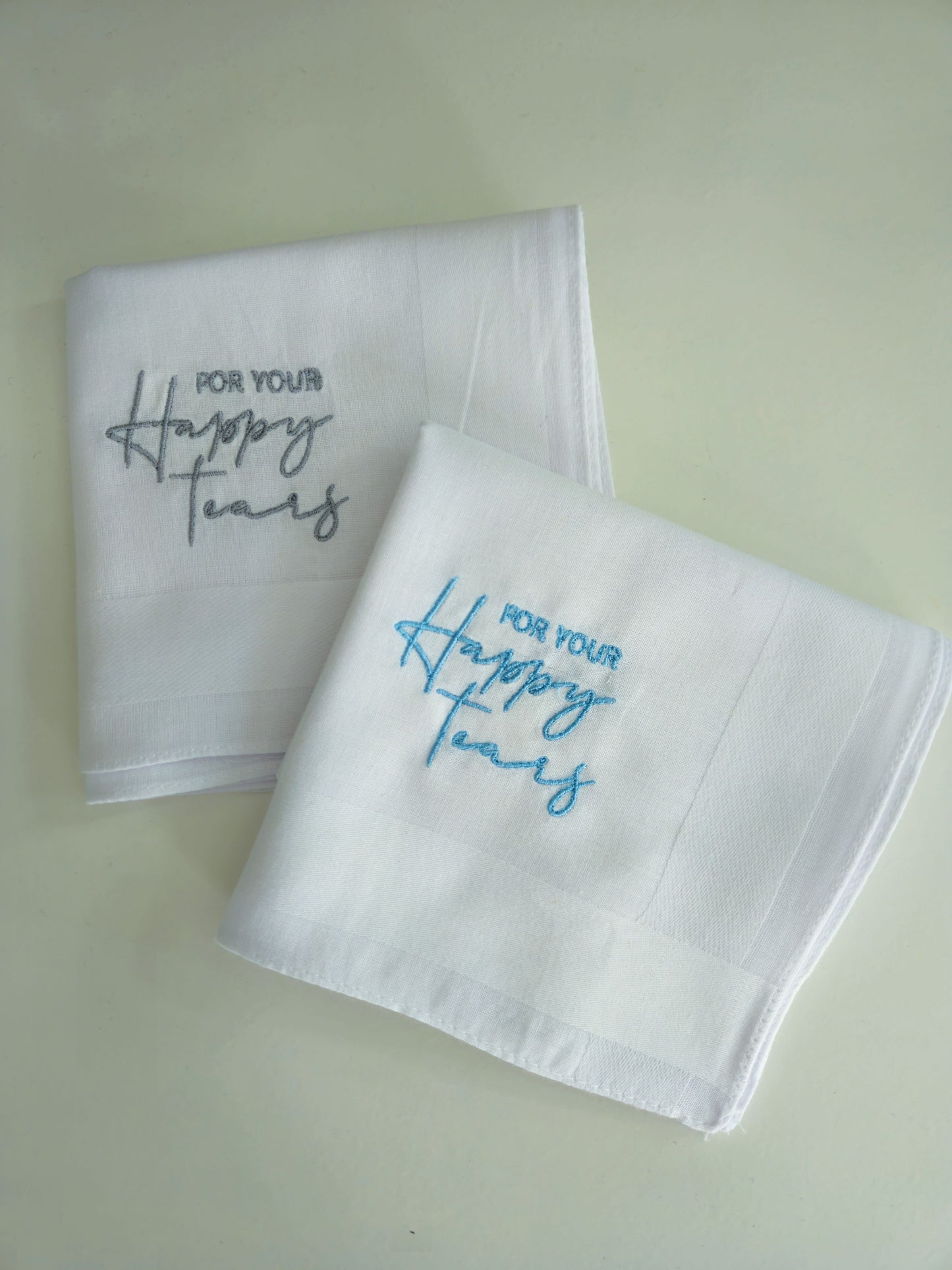 'For Your Happy Tears' Embroidered White 100% Cotton Handkerchief | for Weddings, Civil Partnerships, Christenings, Graduations, Baby Showers emotional ceremonies, care packages