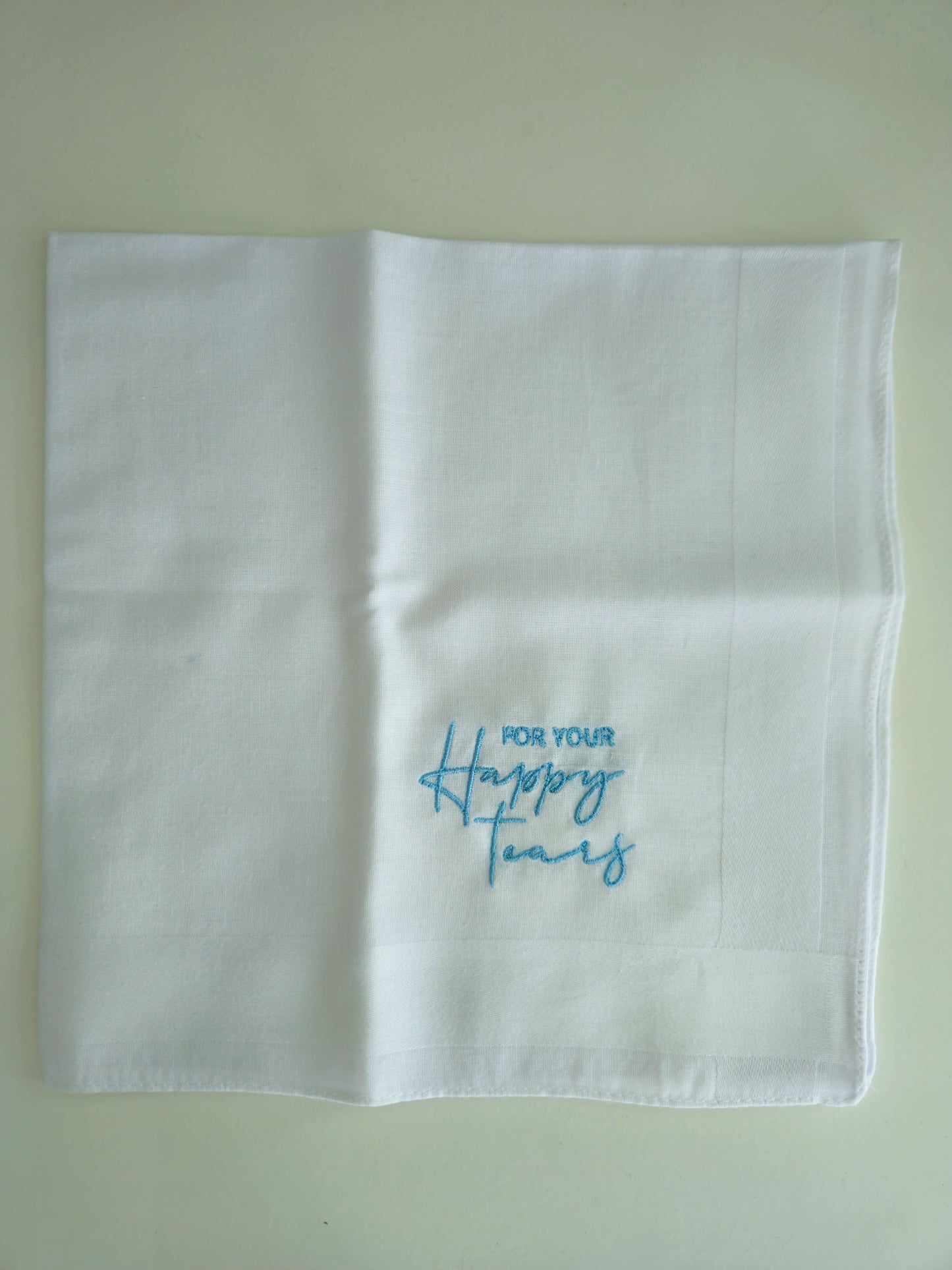 'For Your Happy Tears' Embroidered White 100% Cotton Handkerchief | for Weddings, Civil Partnerships, Christenings, Graduations, Baby Showers emotional ceremonies, care packages