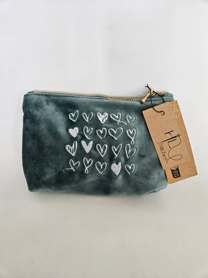 Recycled Velvet White Heart Pouch SMALL | Sustainable Makeup or Travel Pouch | Luxurious Feel
