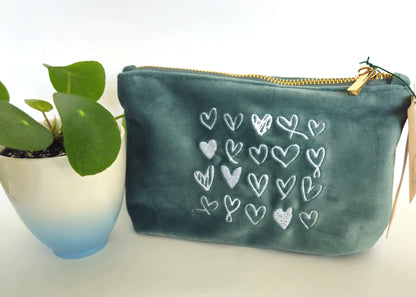 Recycled Velvet White Heart Pouch SMALL | Sustainable Makeup or Travel Pouch | Luxurious Feel