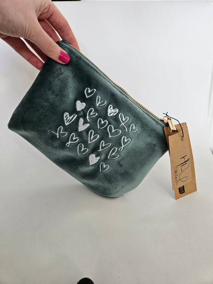 Recycled Velvet White Heart Pouch SMALL | Sustainable Makeup or Travel Pouch | Luxurious Feel