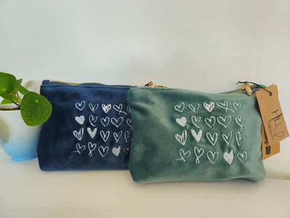 Recycled Velvet White Heart Pouch SMALL | Sustainable Makeup or Travel Pouch | Luxurious Feel