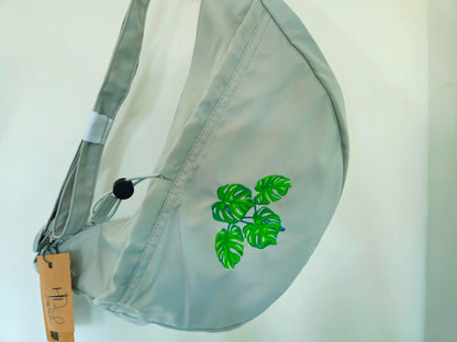 Sage Green Cross-Body Bag | Recycled Polyester Eco Conscious | Variegated Monstera Leaf Embroidery | 12L Capacity | Water repellent