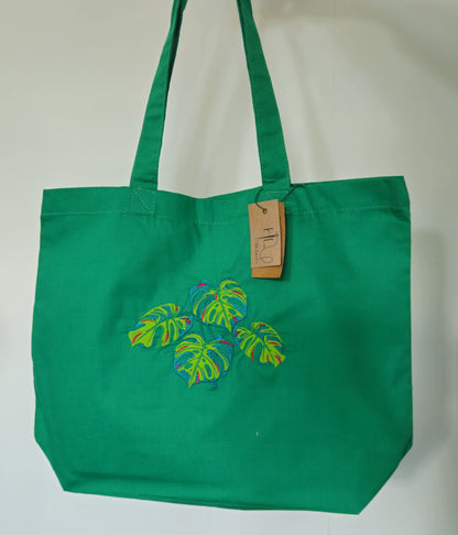 Monstera Embroidered Organic Cotton Shopper Tote Bag