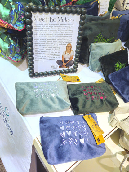 Recycled Velvet White Heart Pouch SMALL | Sustainable Makeup or Travel Pouch | Luxurious Feel