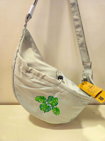 Sage Green Cross-Body Bag | Recycled Polyester Eco Conscious | Variegated Monstera Leaf Embroidery | 12L Capacity | Water repellent