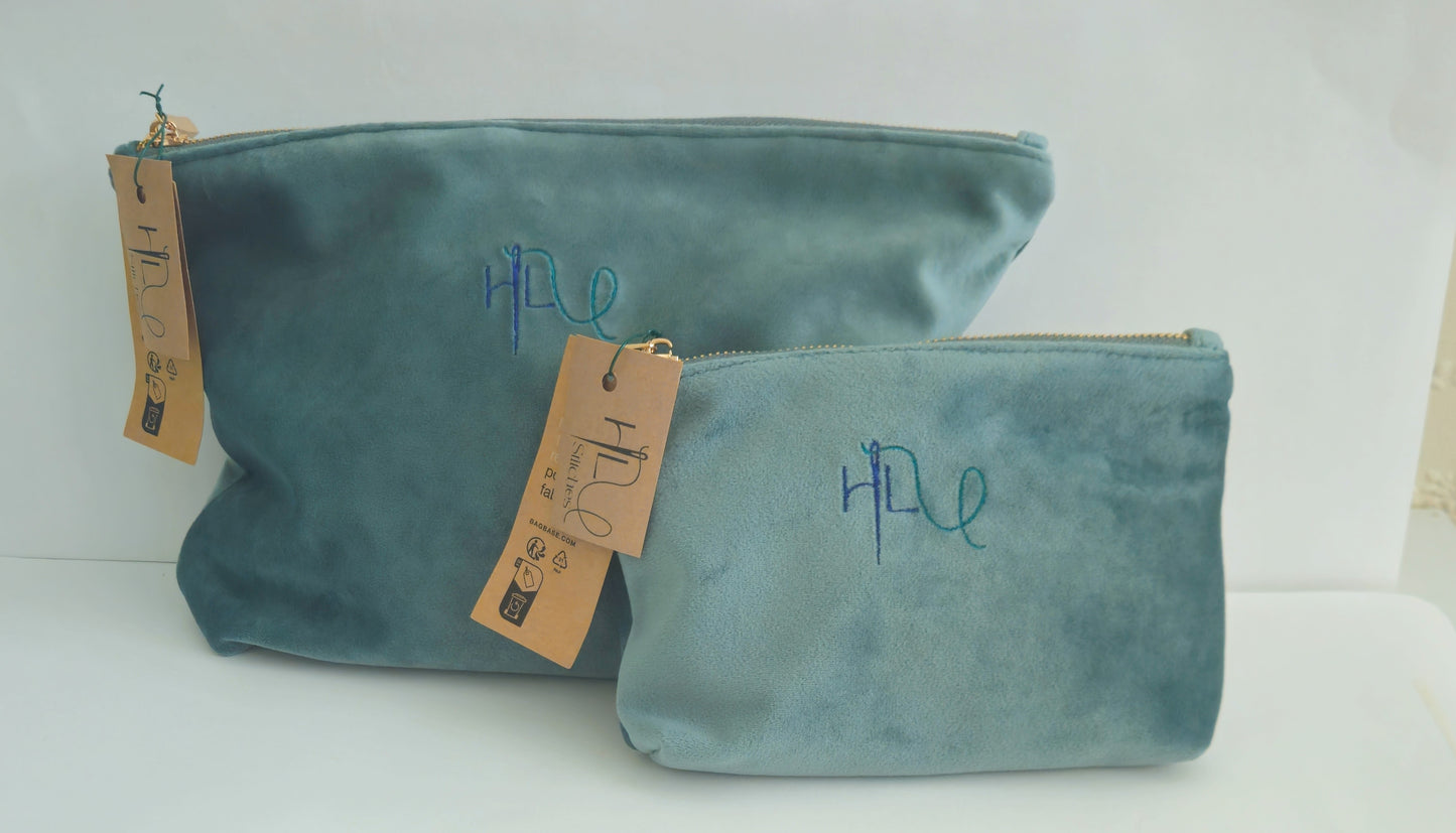 Luxurious Velvet Pouch with Fern Embroidery – Sustainable Gift or Travel Accessory in sage green/blue (Two Sizes)