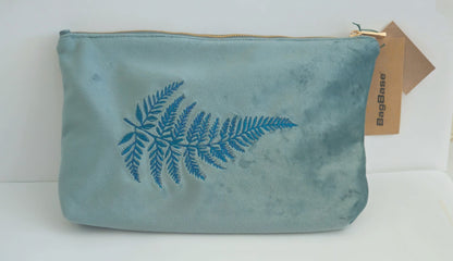 Luxurious Velvet Pouch with Fern Embroidery – Sustainable Gift or Travel Accessory in sage green/blue (Two Sizes)