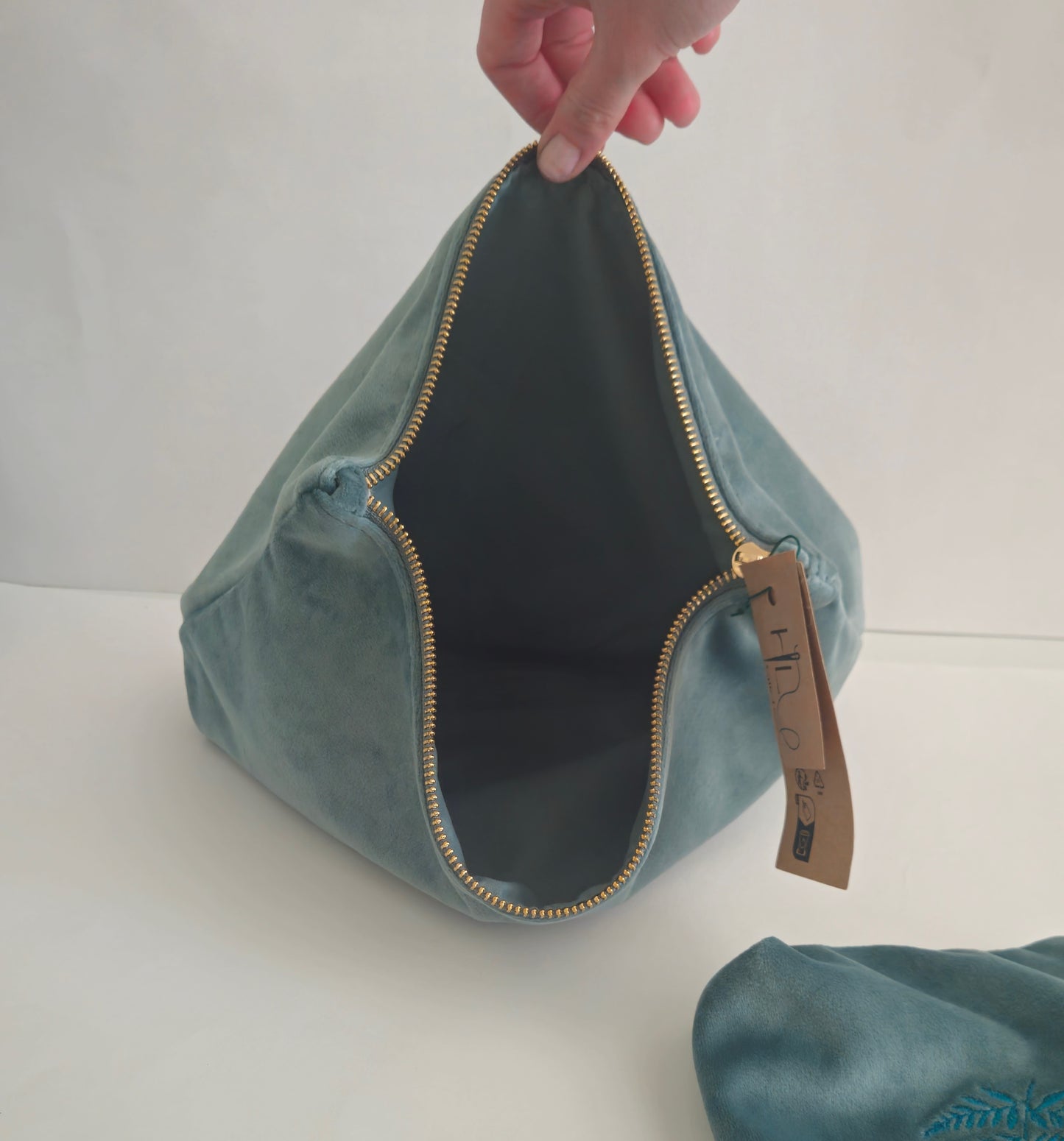 Luxurious Velvet Pouch with Fern Embroidery – Sustainable Gift or Travel Accessory in sage green/blue (Two Sizes)
